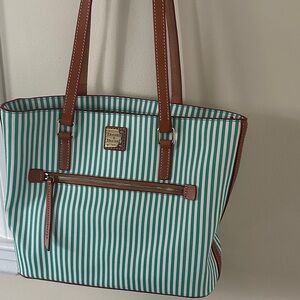 Dooney & Bourke Teal and White Striped Tote with Brown Leather Trim